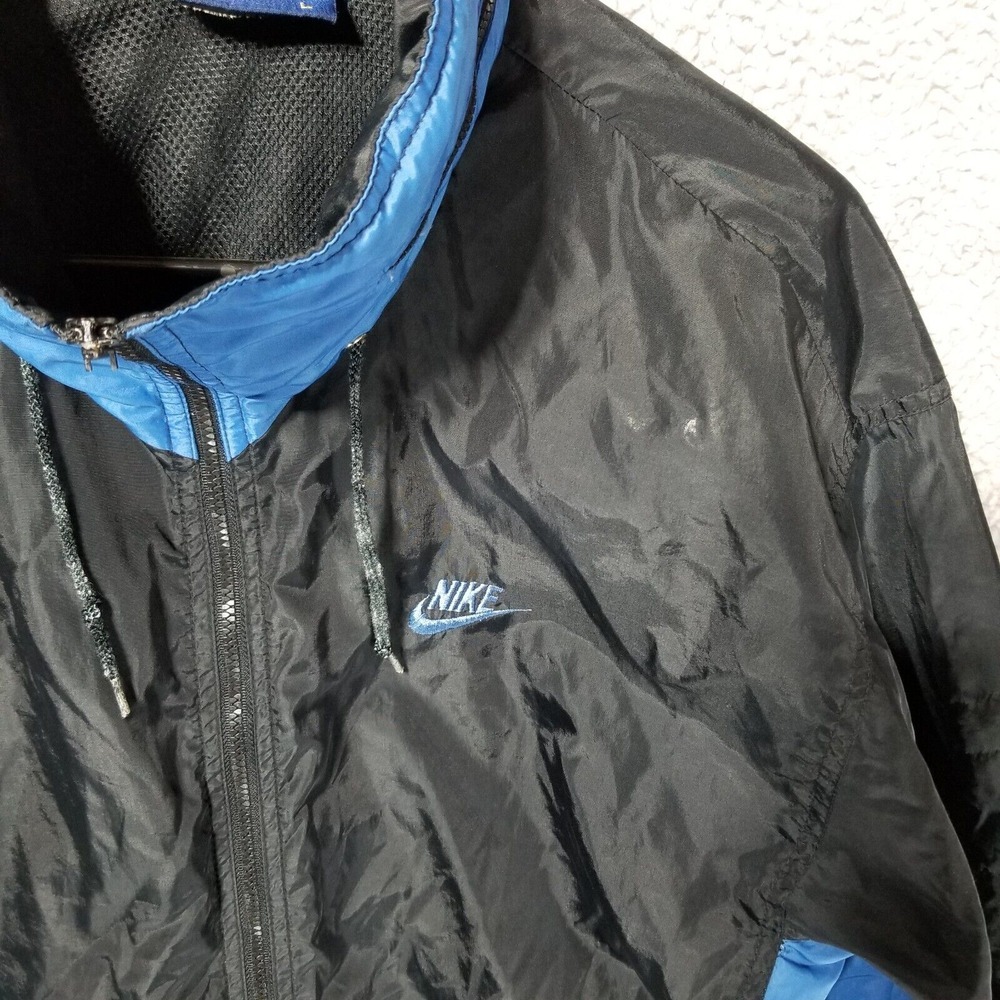Vintage Nike Jacket Mens Large Blue Black Windbreaker Full Zip With Hood 80s - Picture 8 of 14